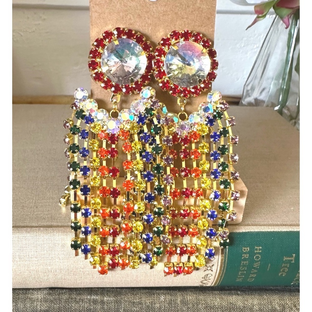 Colorful Rainbow Rhinestone Tassel Earrings